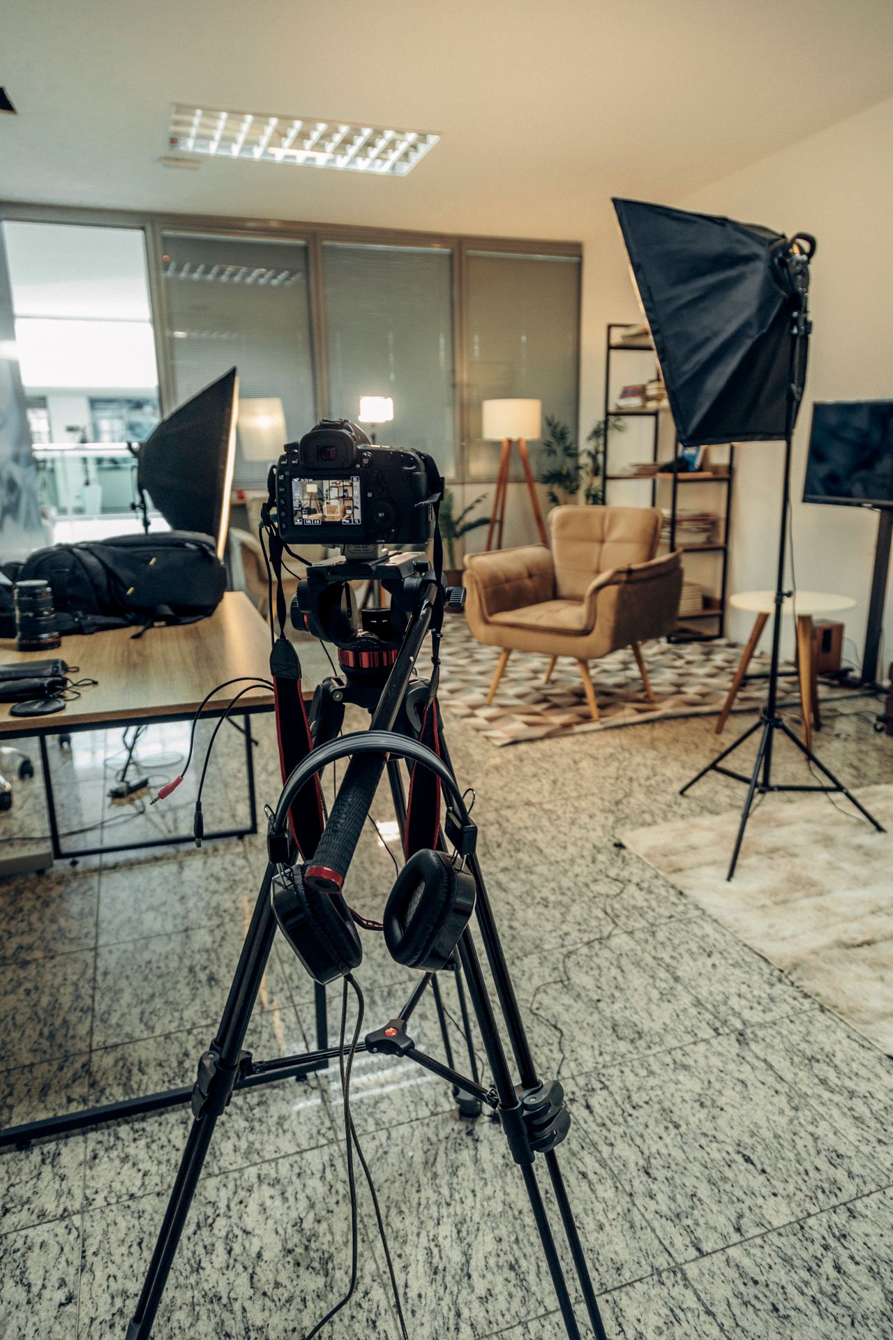 Photography studio with camera and lighting set up