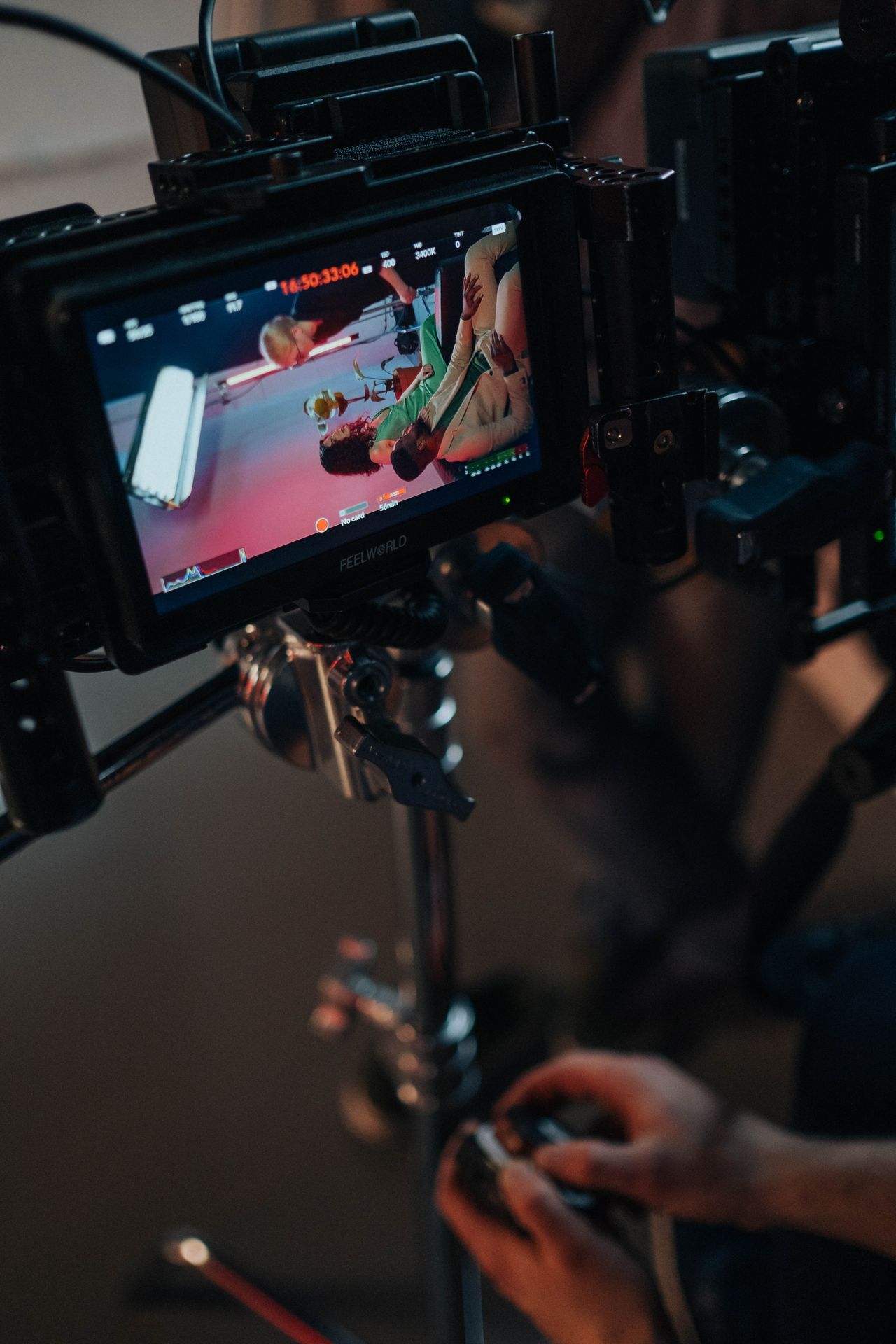 Video camera with screen preview on a film set