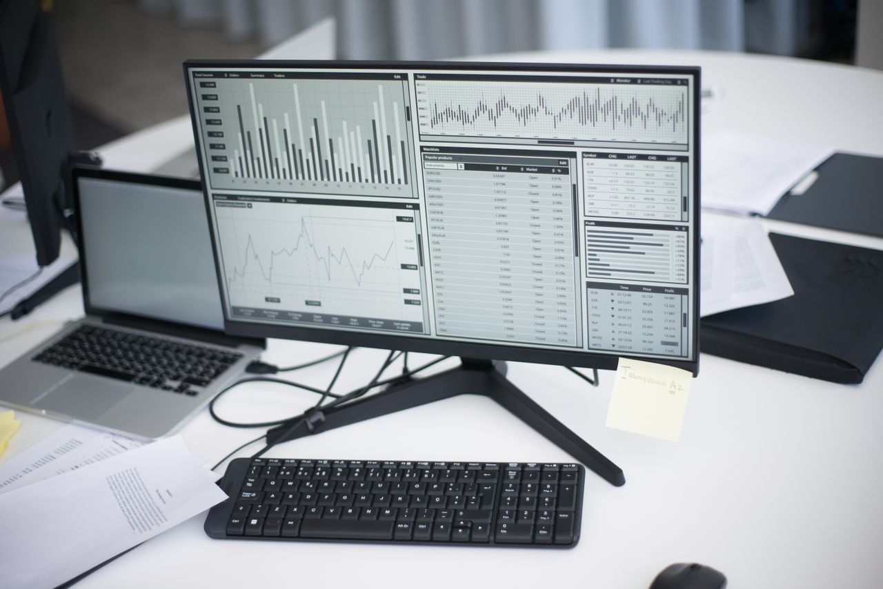 Analytics graphs on a monitor in a workspace